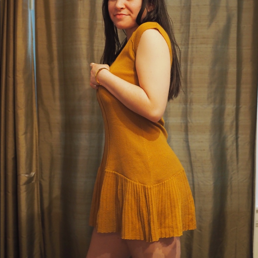 Wool-blend, camel-colored fancy mini dress.